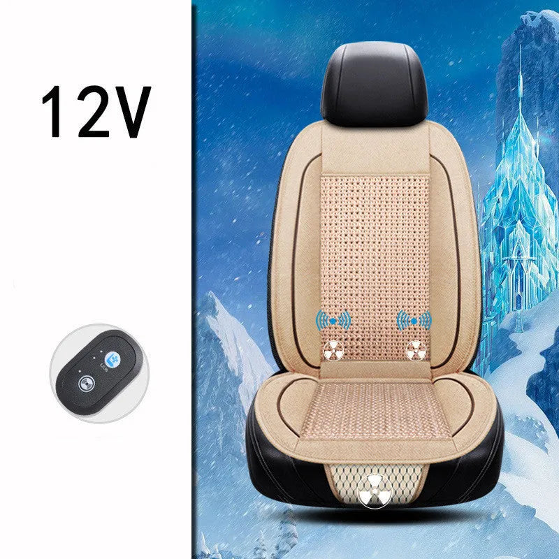 Black square car ventilation seat cushion with massage, showing power cord for 12V or 24V connection.