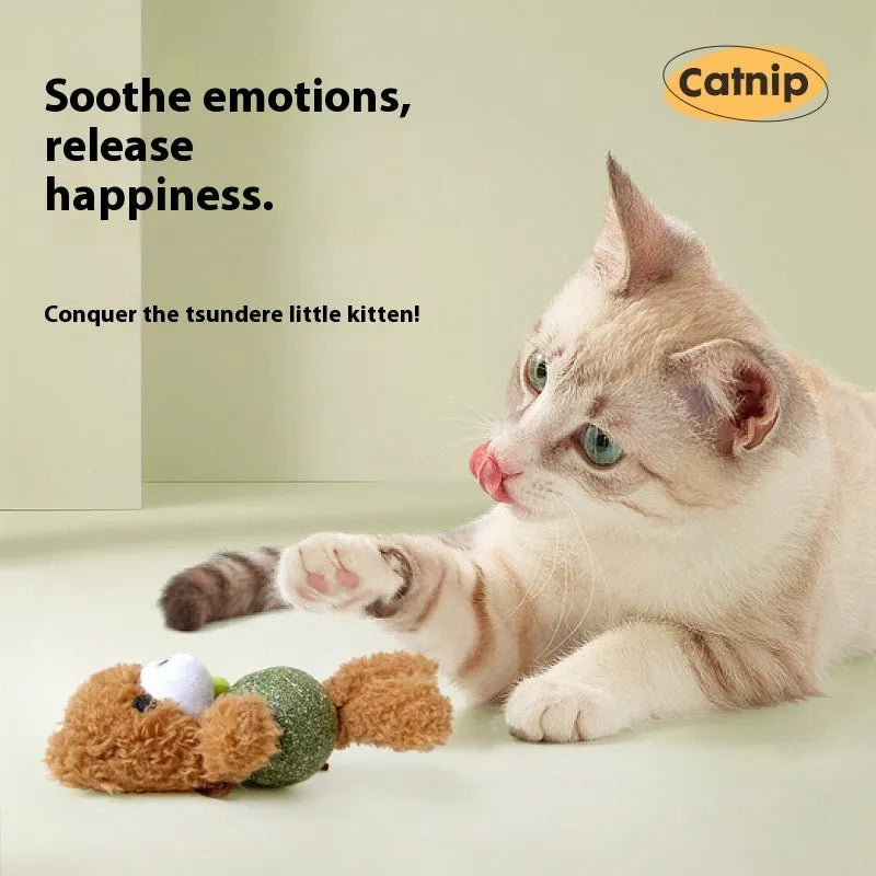 Plush cat toy shaped as a character with a mint ball, shown in brown bear, pink rabbit, piyopiyo and green frog designs.