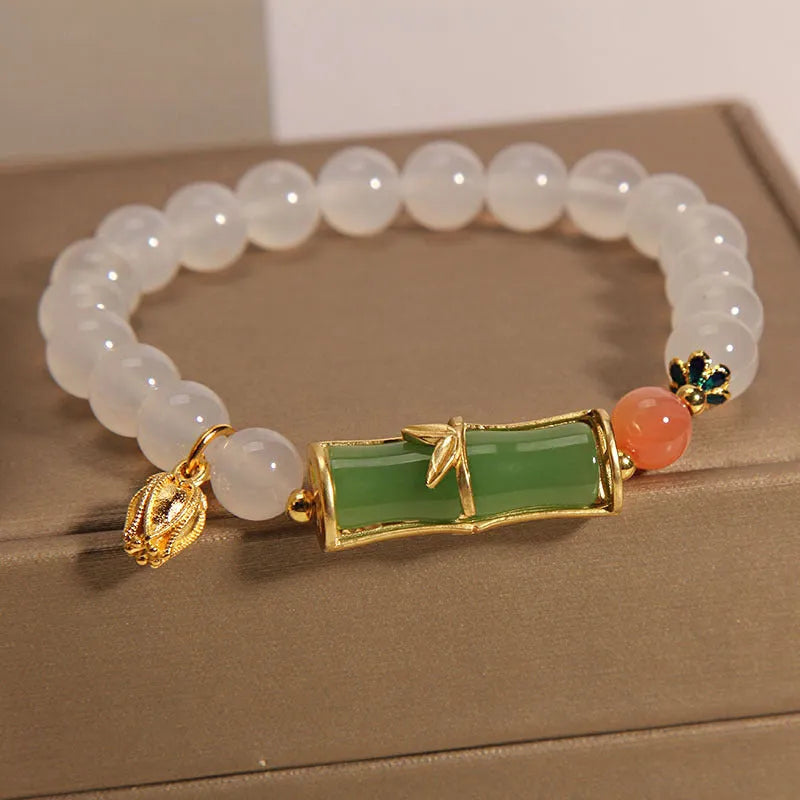 Women's jade bracelet with white agate stones in bamboo bead design