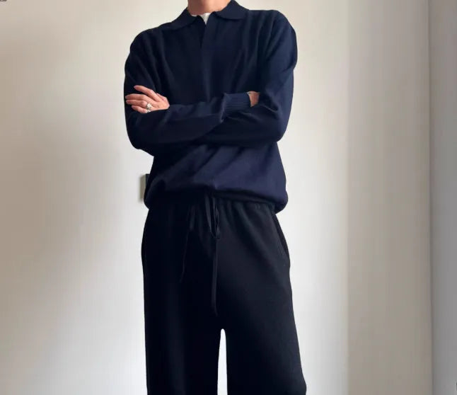 Men's pure wool polo sweater with lapel collar in loose fit, shown in milky white and navy blue colours