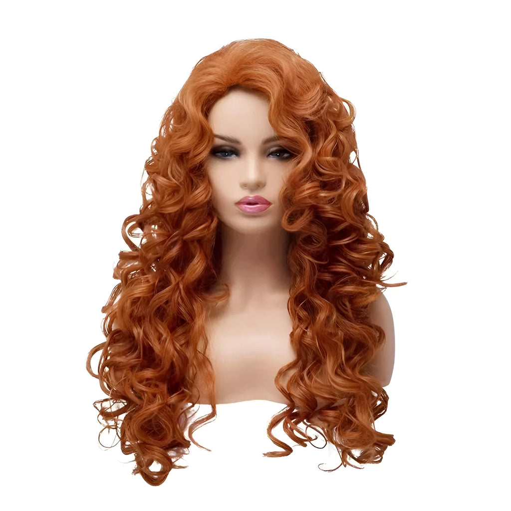 Brown long wavy curly synthetic wig for ladies Halloween cosplay on wig head