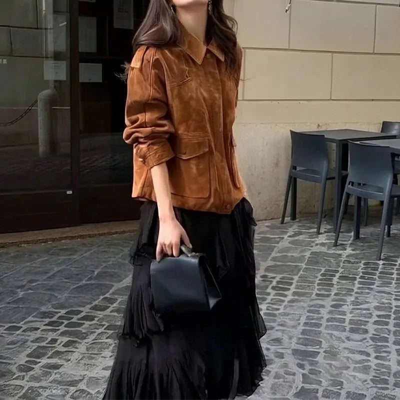 Women's bright brown polyester suede coat with regular sleeves on hanger