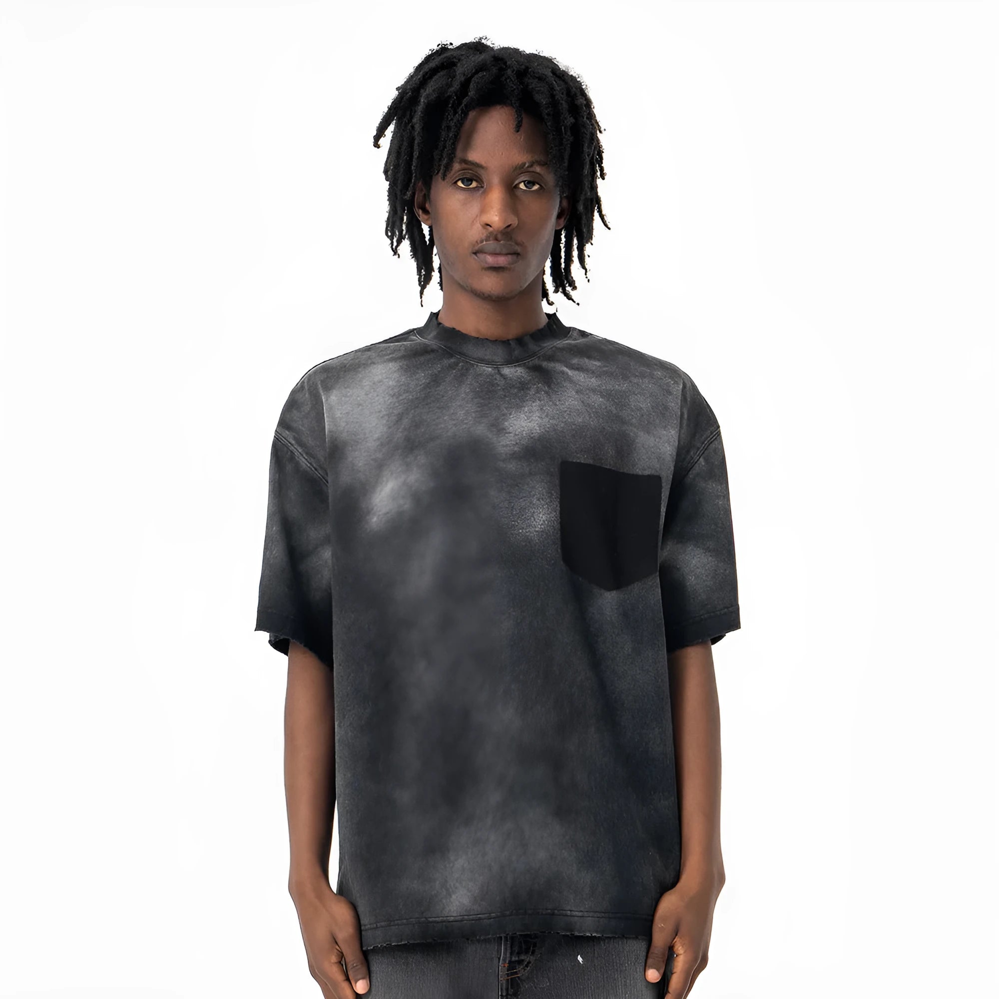 Men's black cotton T-shirt with printed letters, loose street style, and drop-shoulder sleeves