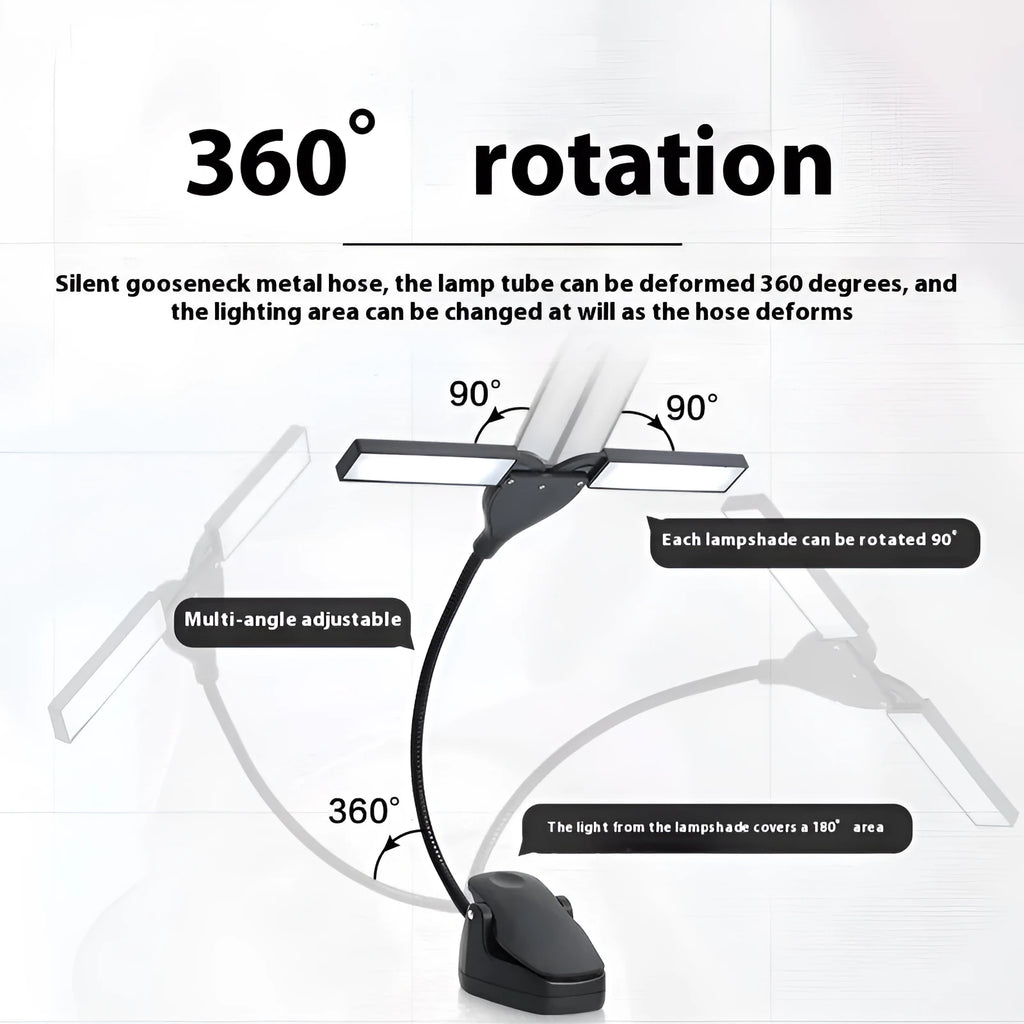 Black rechargeable music stand lamp with 28 LEDs clipped to metal music stand
