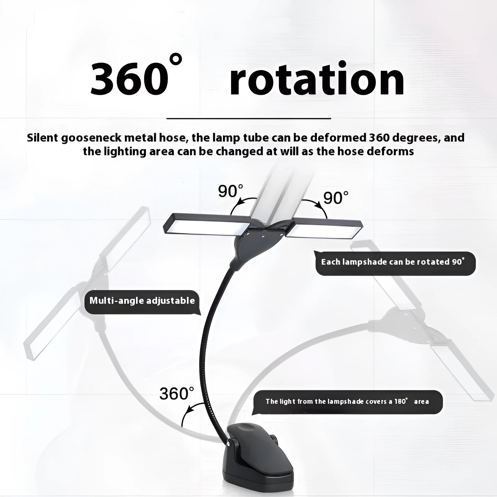 Black rechargeable music stand lamp with 28 LEDs clipped to metal music stand