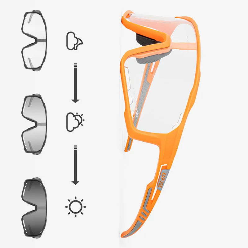 Semi-rimless photochromic cycling glasses with a TR90 frame, shown in a sport setting.