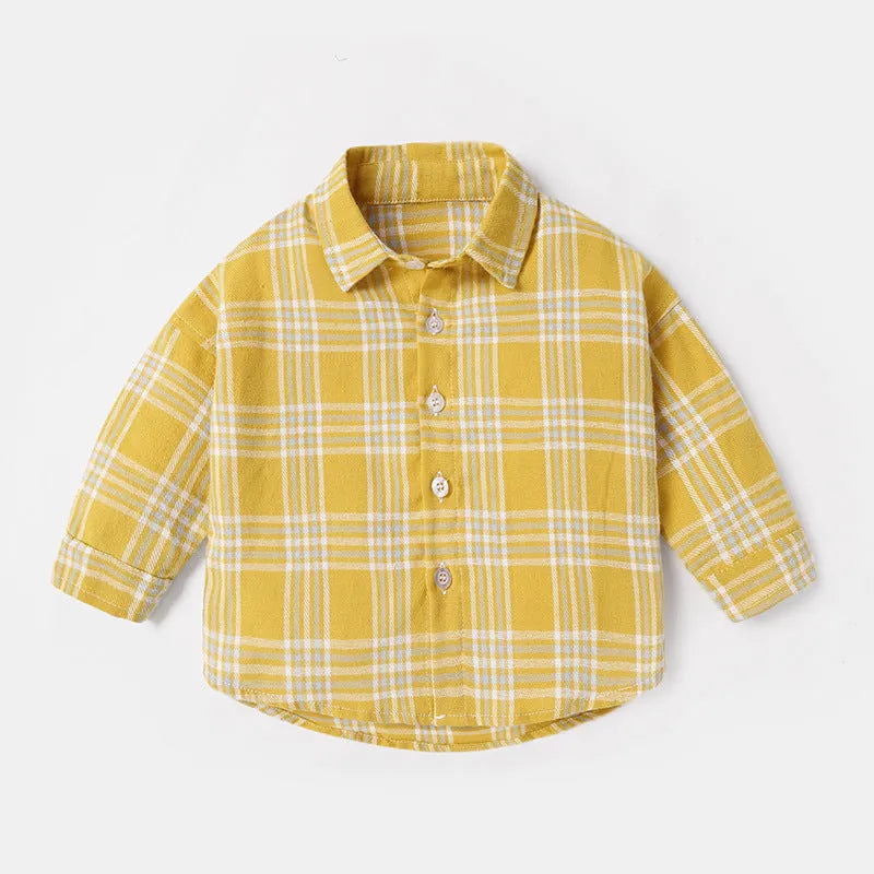 Boy's cotton lattice shirt with animal cartoon pattern in khaki, blue, pink, or yellow