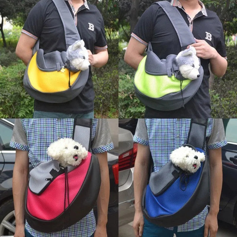 Polyester pet backpack carrier for small dog or cat, shown in blue colour with shoulder straps.