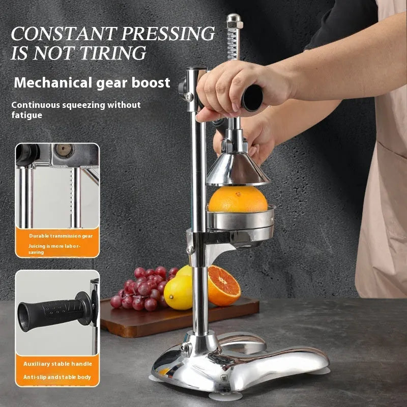 Vertical stainless steel manual juicer with multiple colour and tip options for household citrus juicing