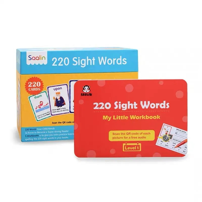 Early learning gift box containing 220 high-frequency word cards and five phonics workbooks for children aged 3+.
