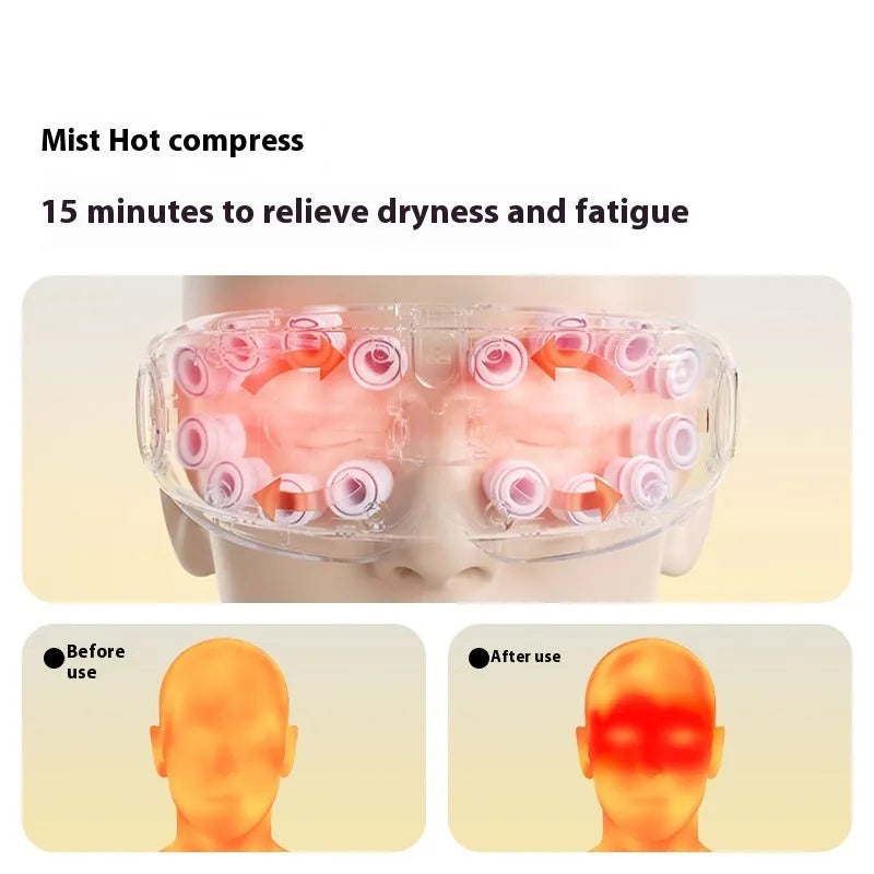 Bluetooth rechargeable eye hot compress massage device in purplish grey, green, or ink grey colour.