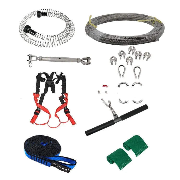 10 metre outdoor pulley slide system with steel cable, handle, alloy steel pulleys, and child safety harness