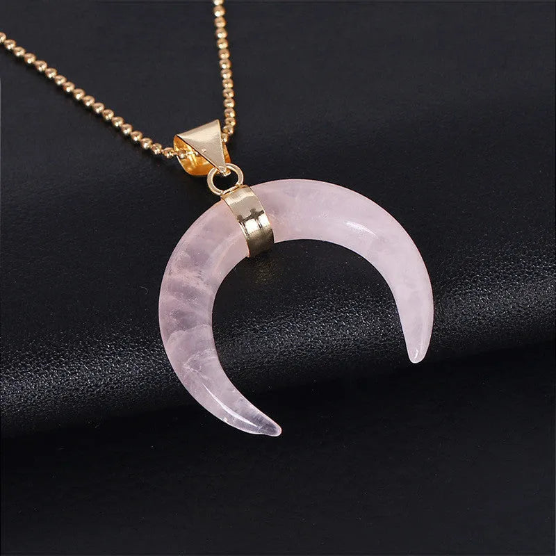 Crystal semi-precious stone moon pendant necklace with natural stone charm on 45cm chain