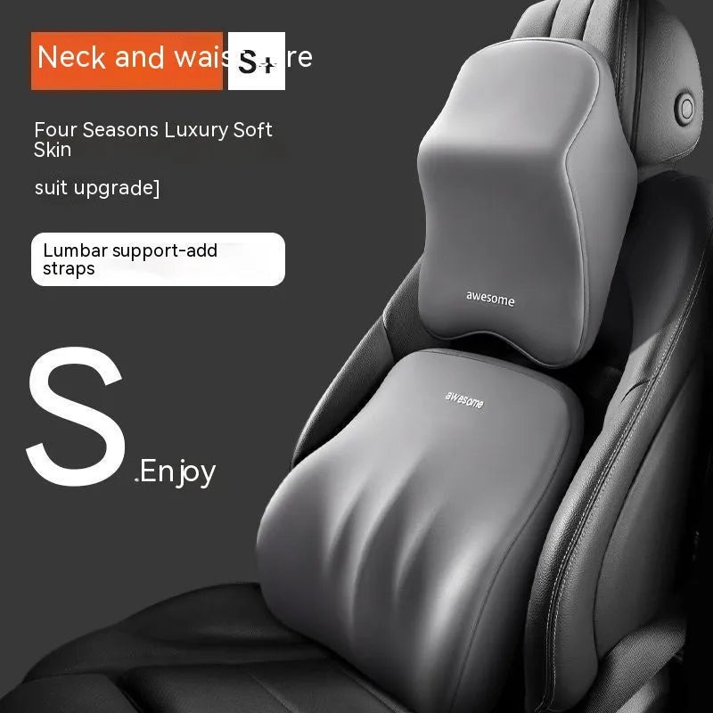 Black memory foam car headrest pillow and lumbar support pillow with removable cotton covers.