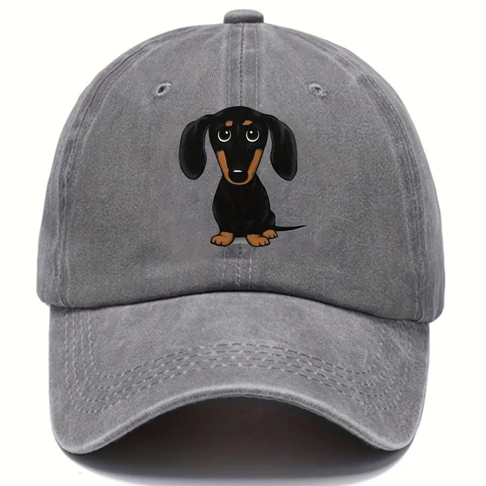 Retro washed baseball cap with a machine-embroidered dachshund dog print on the front.