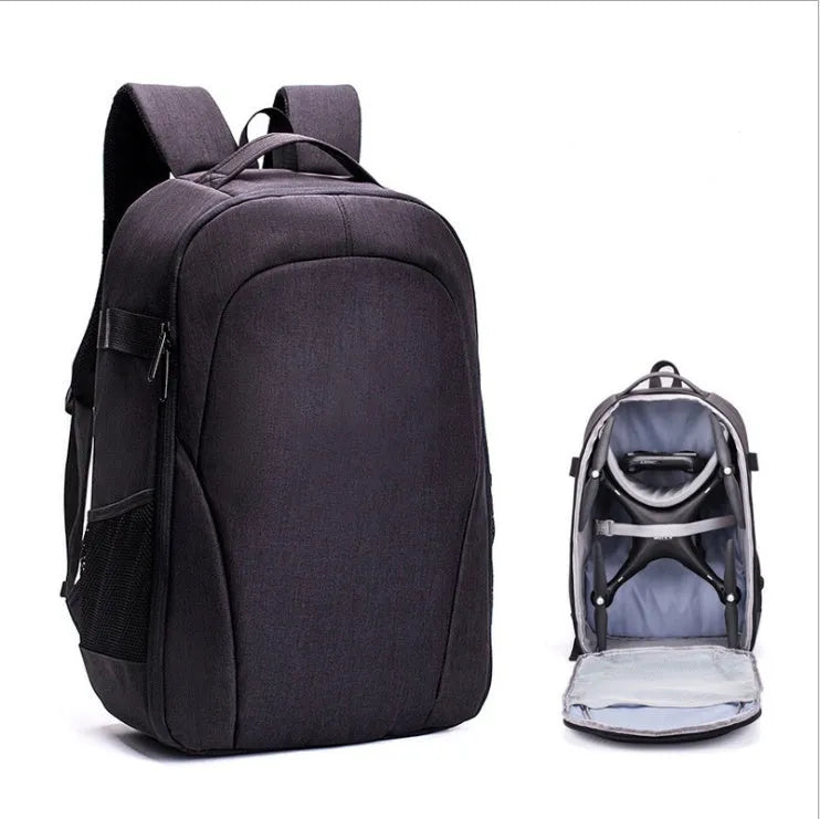 Black oxford cloth UAV waterproof backpack showing front view with zipper and multiple pockets