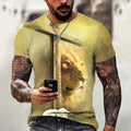 Men's grey T-shirt with a detailed 3D printed Jesus pattern on the front, short sleeve design.