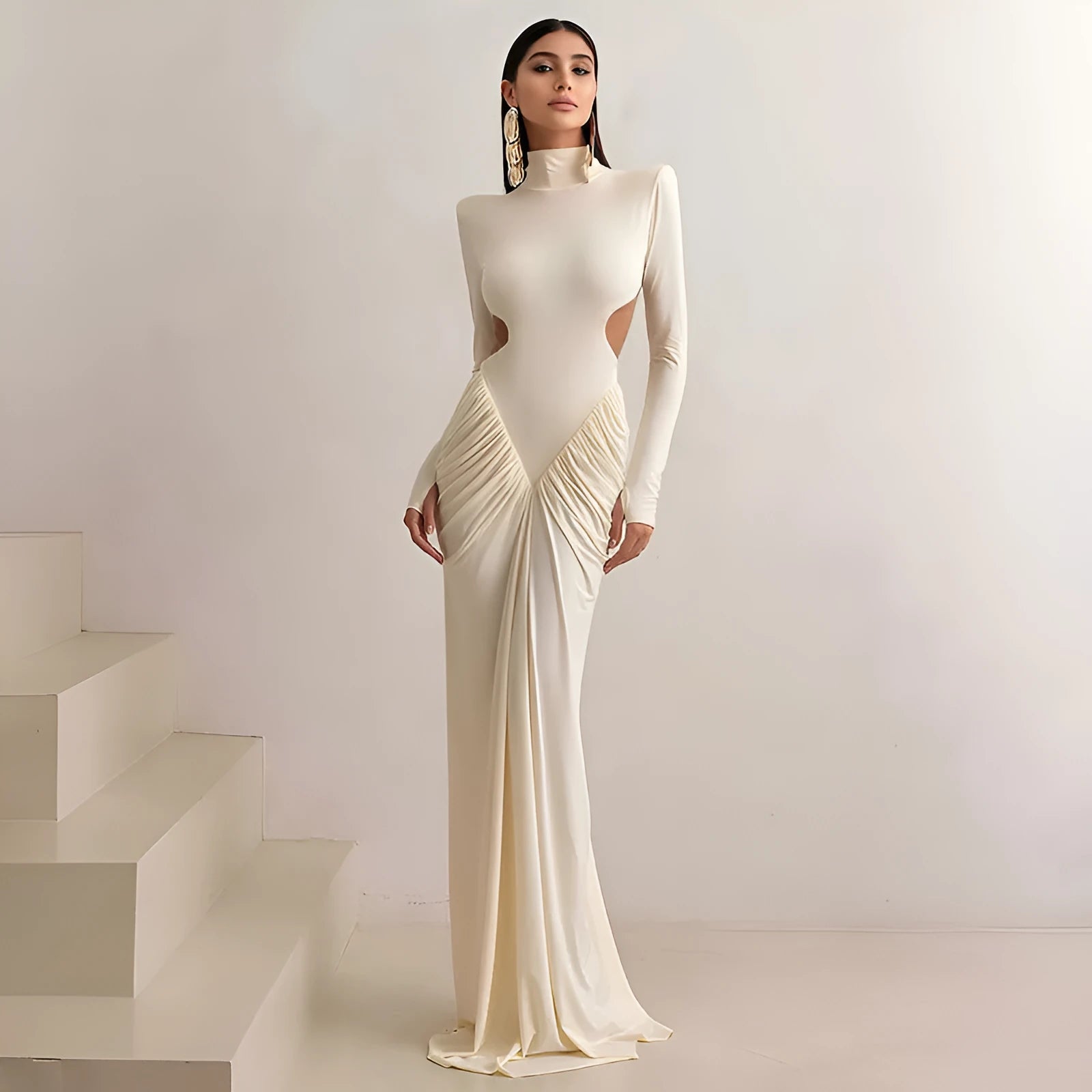Long sleeve high collar backless dress in slim fit with pleated detailing.