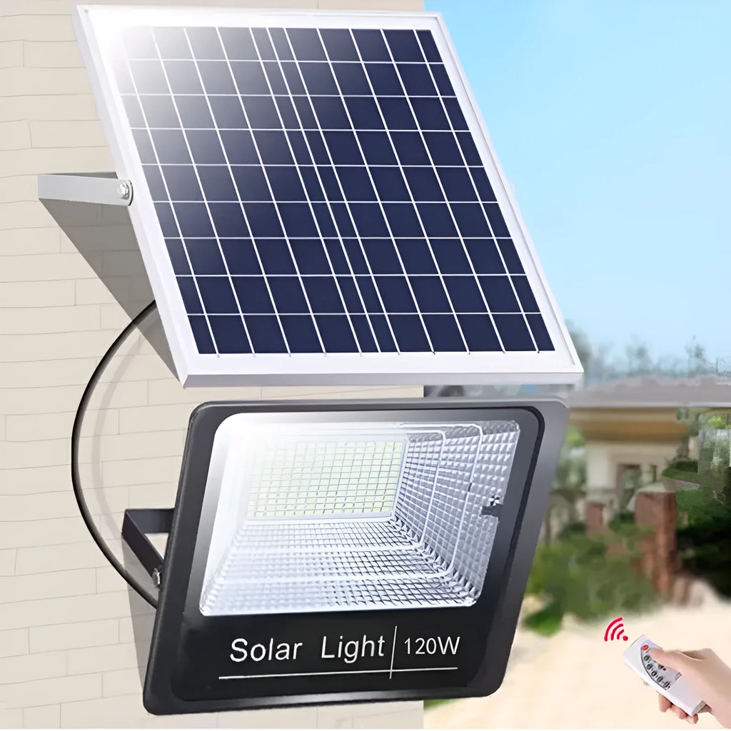 Black solar powered garden flood light with remote control for outdoor security or pathway illumination