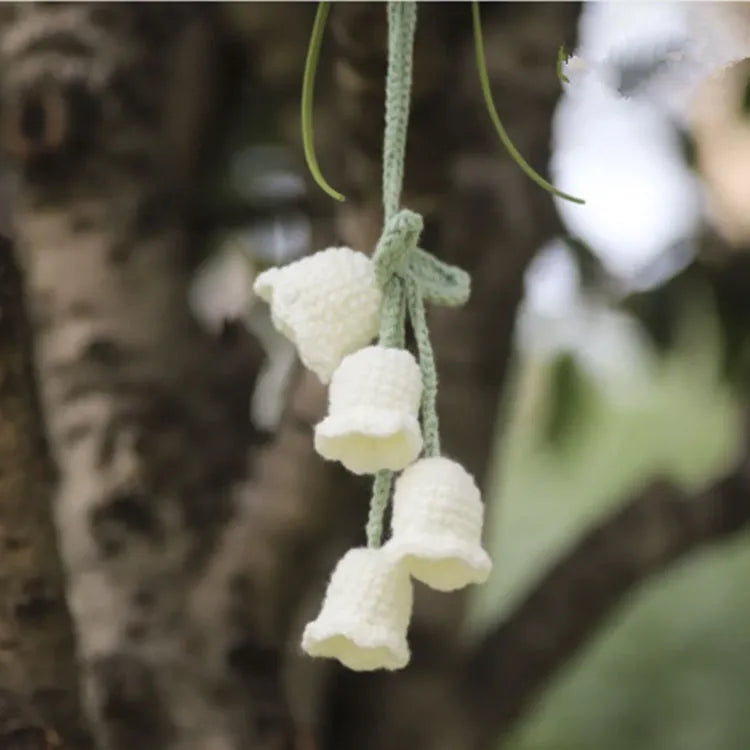 Green and white knitted car plant decoration with hanging rope on 8cm plastic base