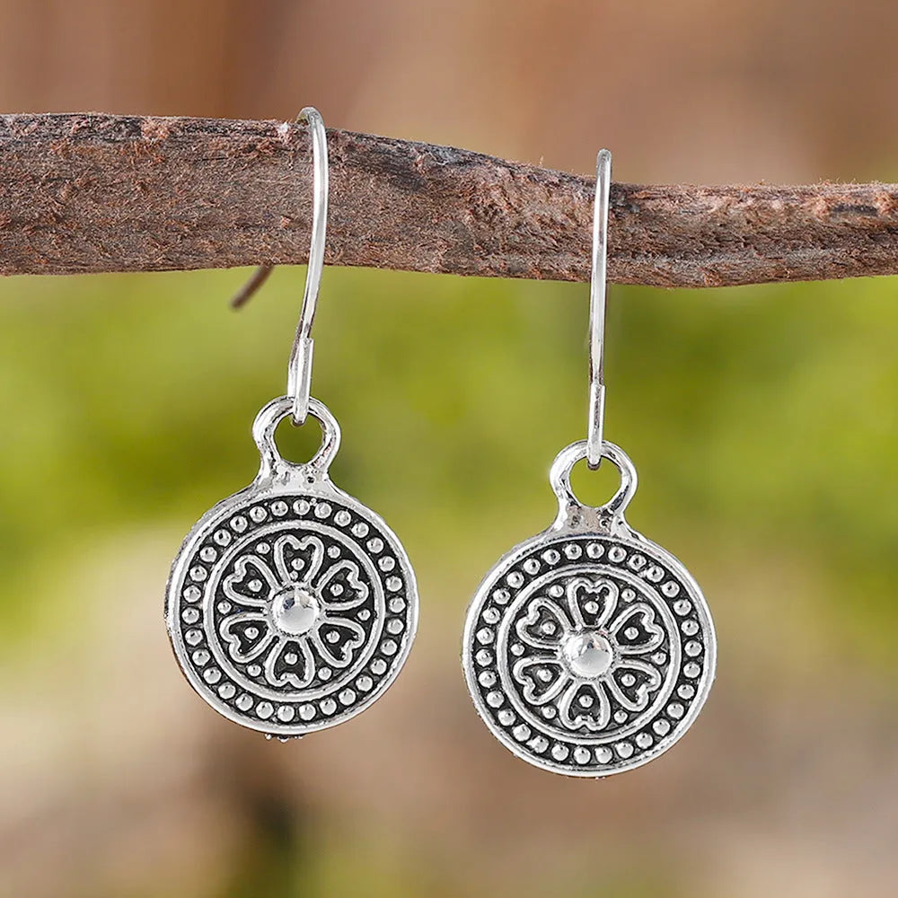 Round geometric bohemian earrings with distressed ethnic retro design in zinc alloy with electroplated finish