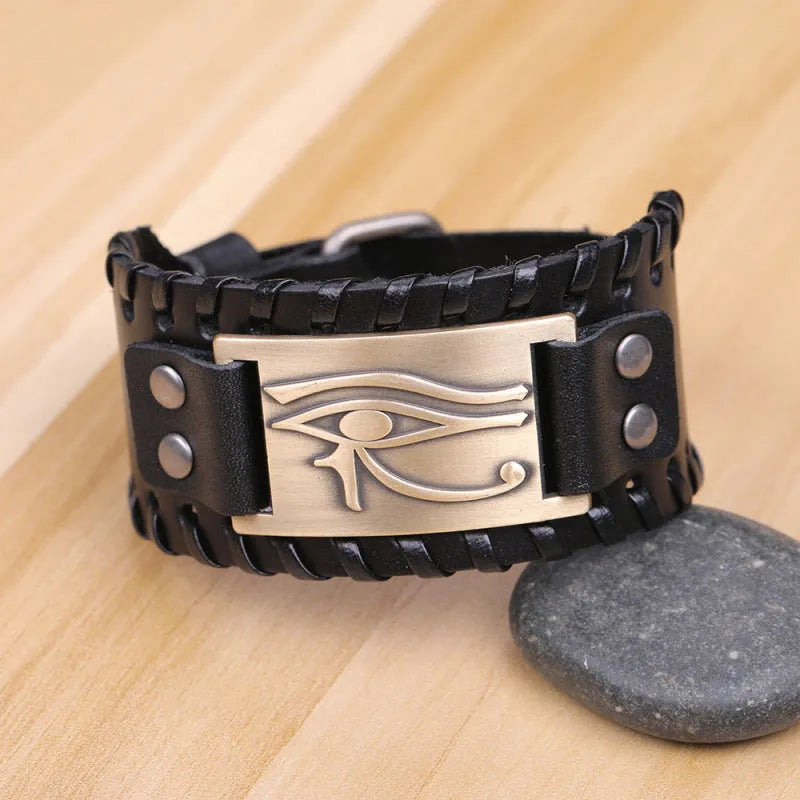 Round leather bracelet with Long Eye alloy accent for men in ancient bronze finish