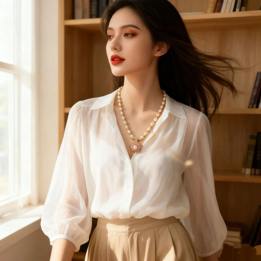 Natural freshwater pearl necklace with pink transfer bead and auspicious patterns, adjustable 51-60cm