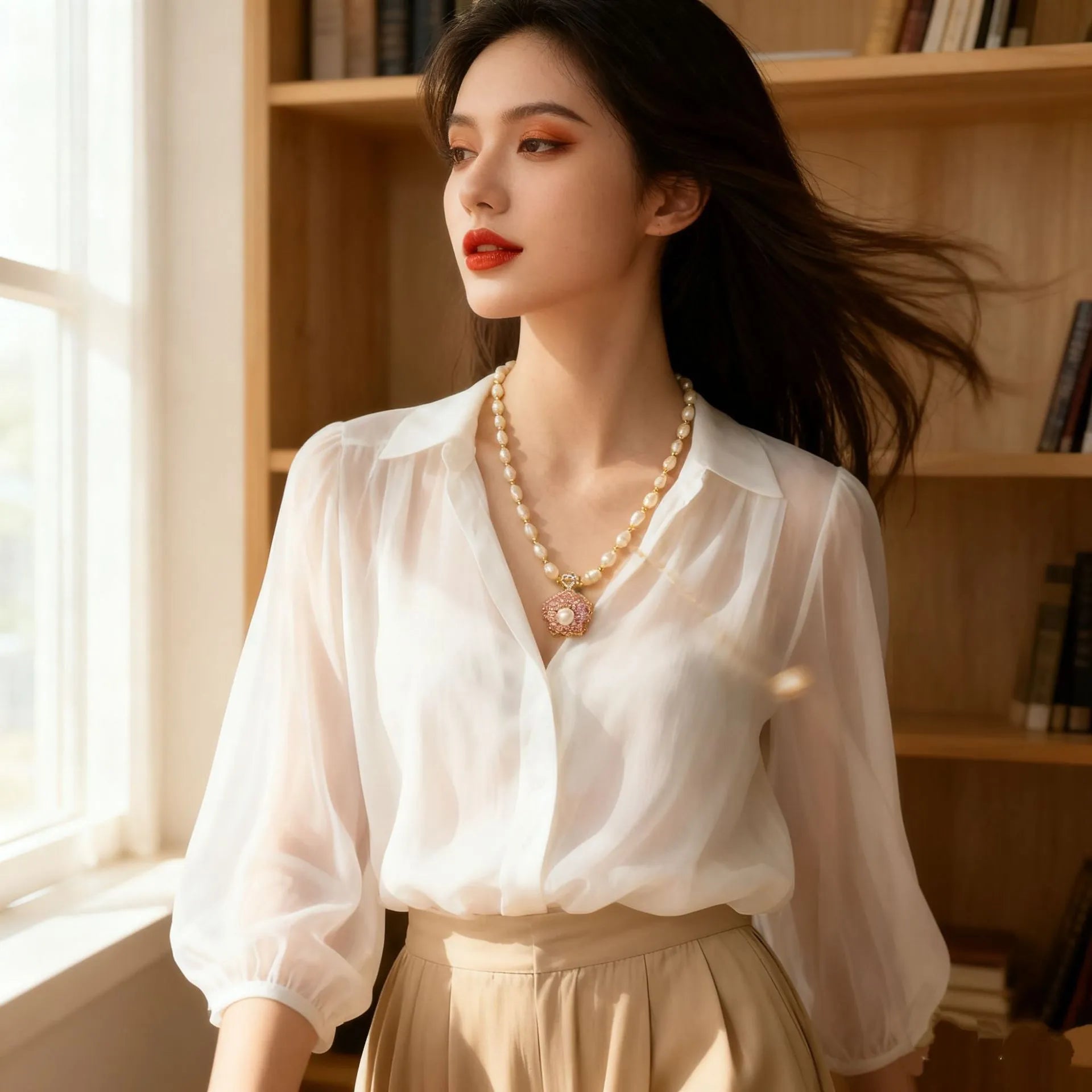 Natural freshwater pearl necklace with pink transfer bead and auspicious patterns, adjustable 51-60cm