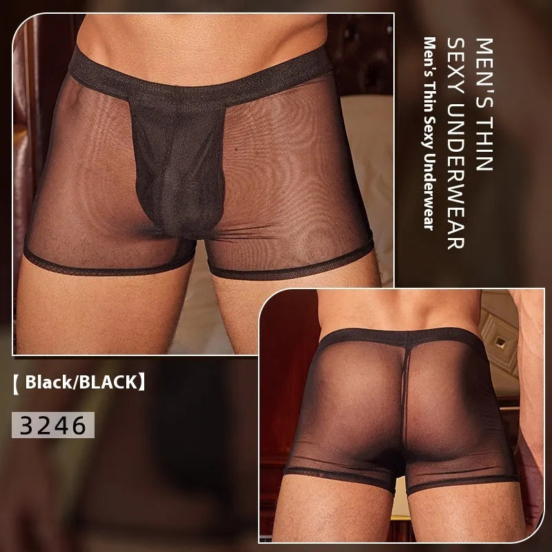A pair of black ultra-thin men's nylon boxer briefs laid flat, showing their simple design.