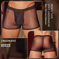 A pair of black ultra-thin men's nylon boxer briefs laid flat, showing their simple design.