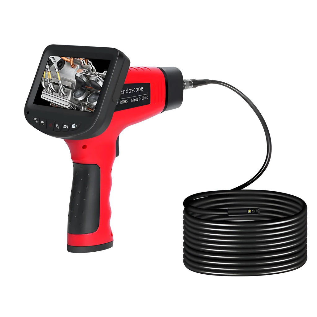 8.5mm diameter dual-lens endoscope camera with hard wire cable and memory card.