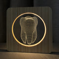Tooth-shaped wood colour acrylic night light with USB cable, showing 190x190x30mm dimensions