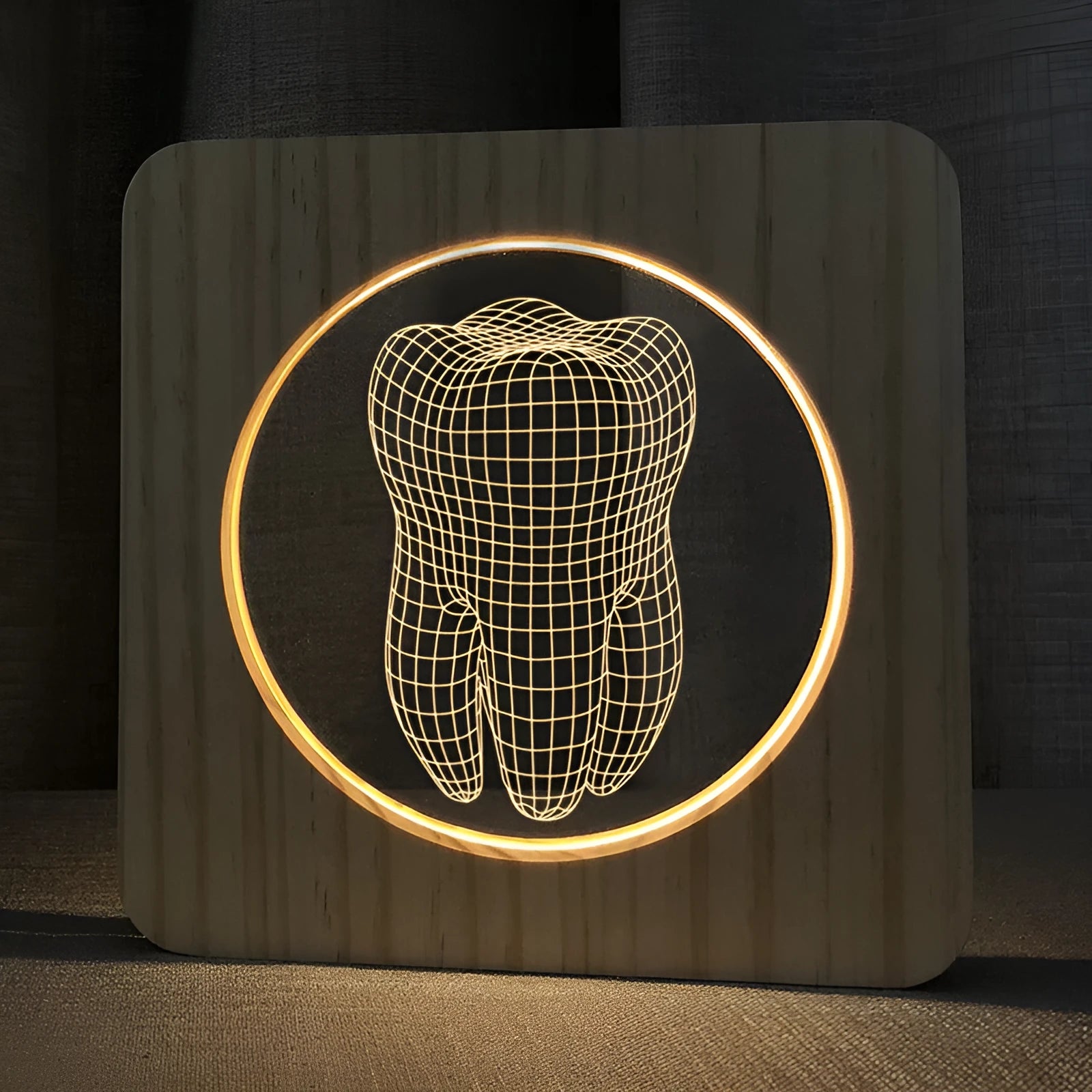 Tooth-shaped wood colour acrylic night light with USB cable, showing 190x190x30mm dimensions