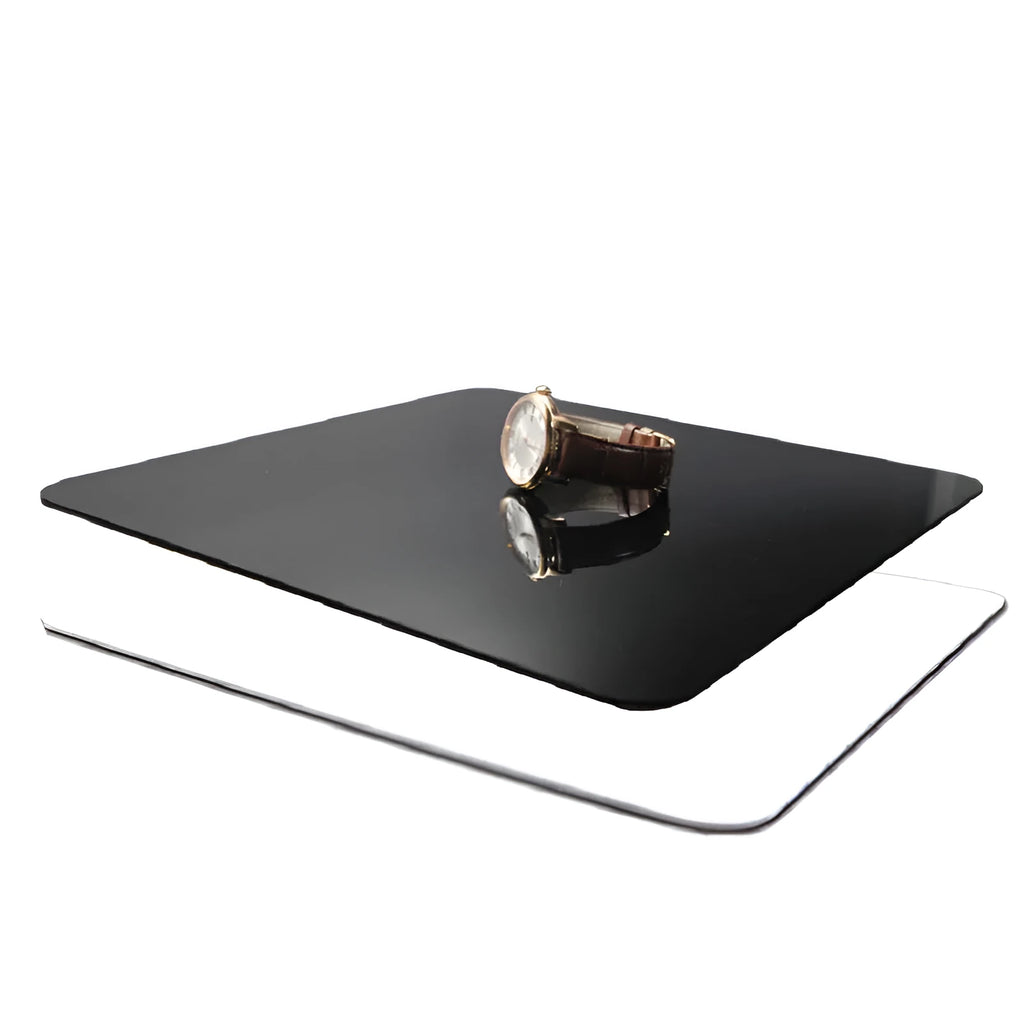 Black and white square acrylic reflection boards for product photography in three sizes.