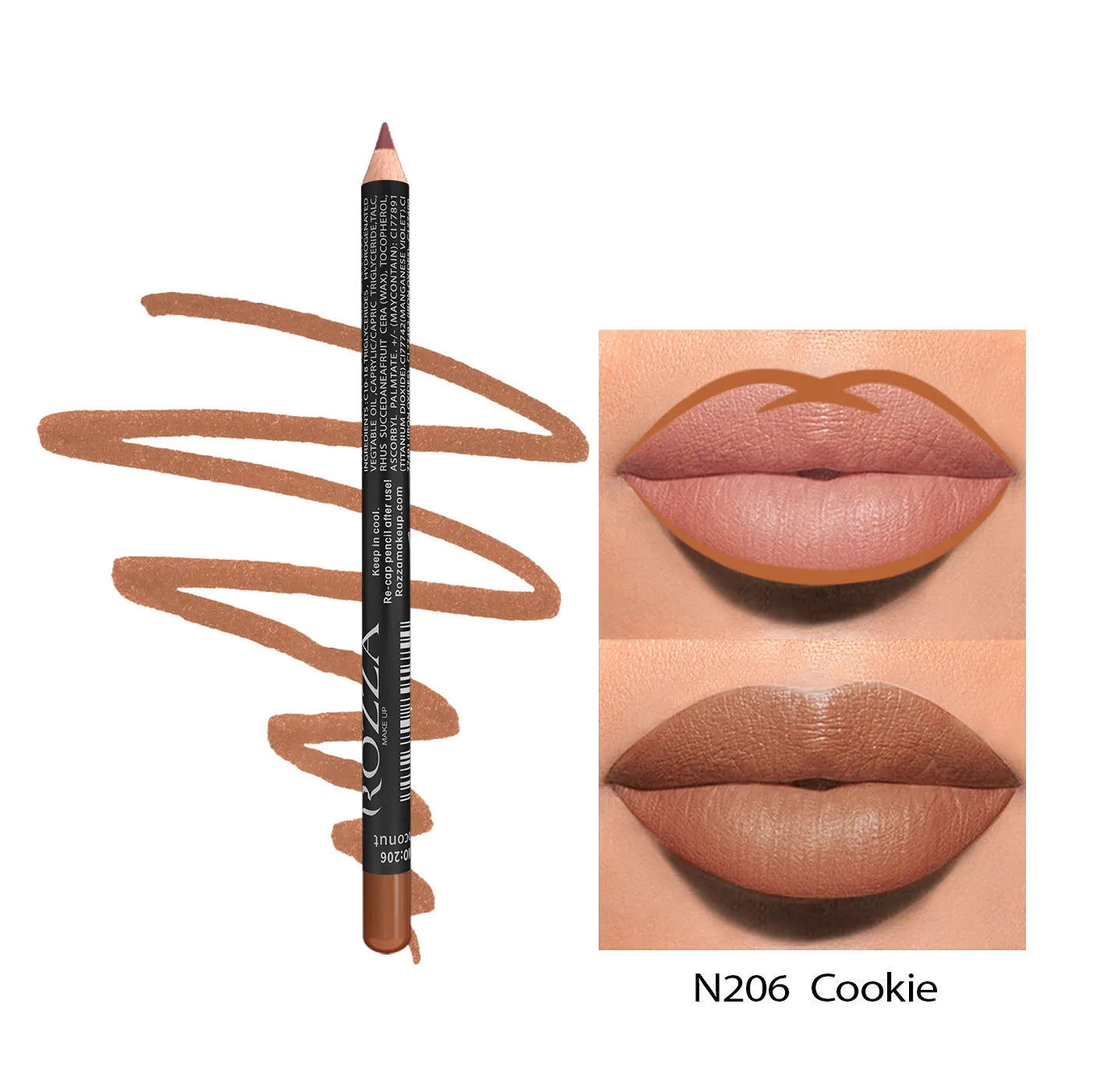 Matte wood lip liner pencil in 14 waterproof shades numbered 201 to 214