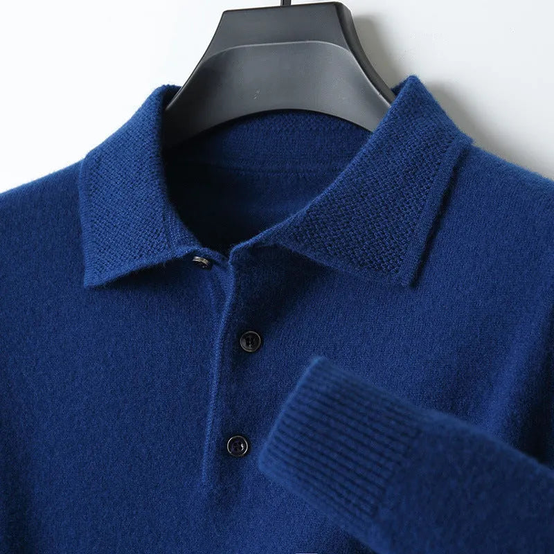 Men's wool pullover sweater with a polo collar in noble blue colour.