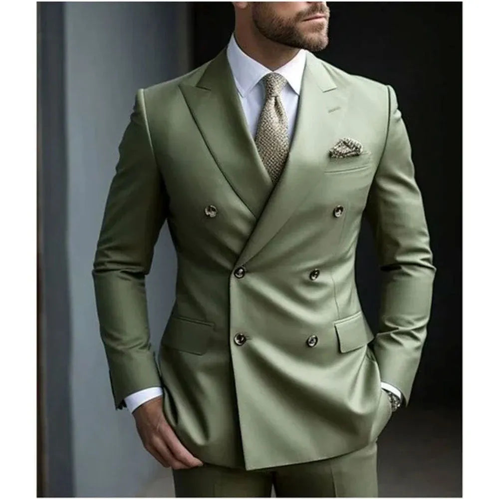 Men's grey Korean style slim fit two-piece business suit on a hanger.