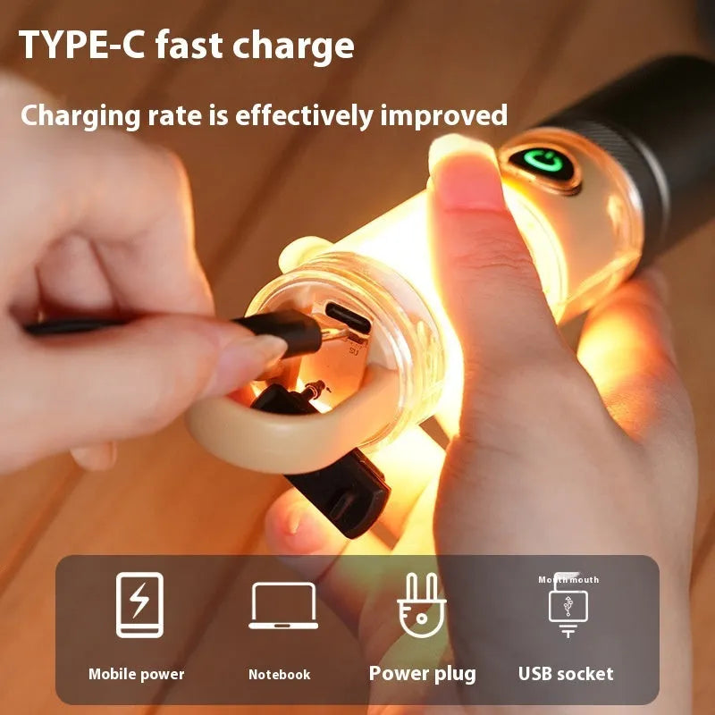 Orange and beige multifunctional flashlight with hook attachment and keychain