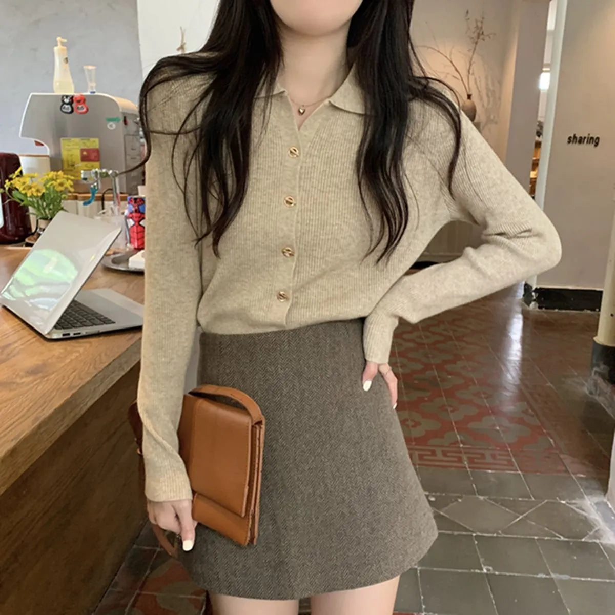 Women's loose fit viscose fibre knitted cardigan in beige colour with long sleeves
