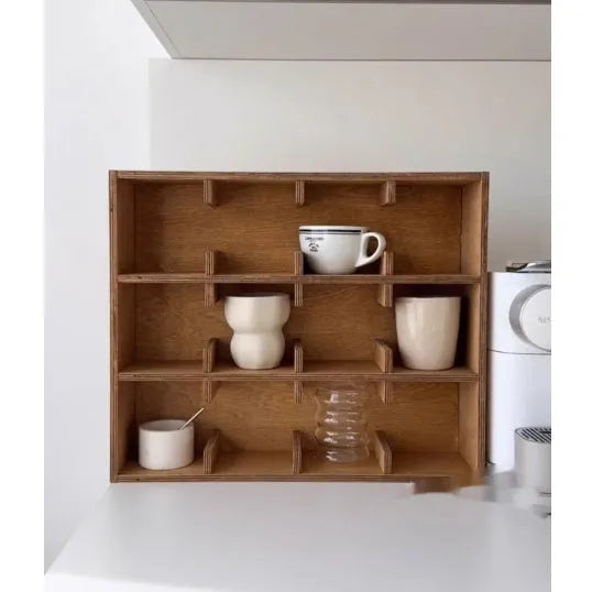 Square solid wood storage rack with multiple grid tiers in a natural birch wood finish.