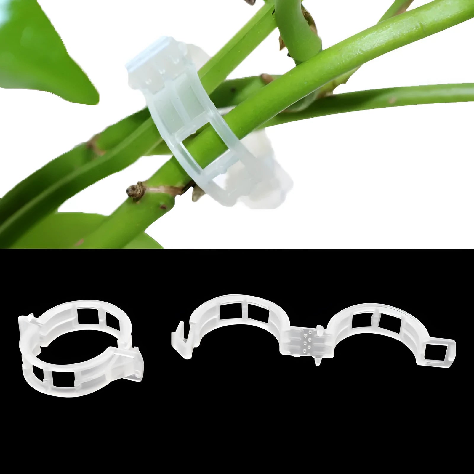 Set of 50 plastic plant grafting clips for tomato and flower stem support.