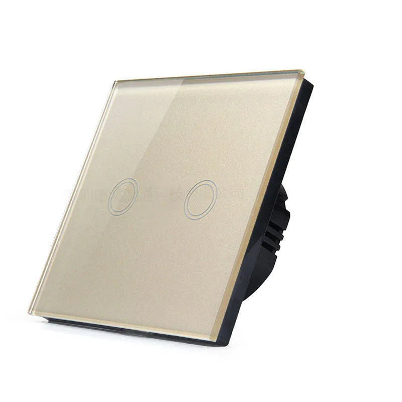 Single-gang tempered glass touch light switch in black, shown front-on.