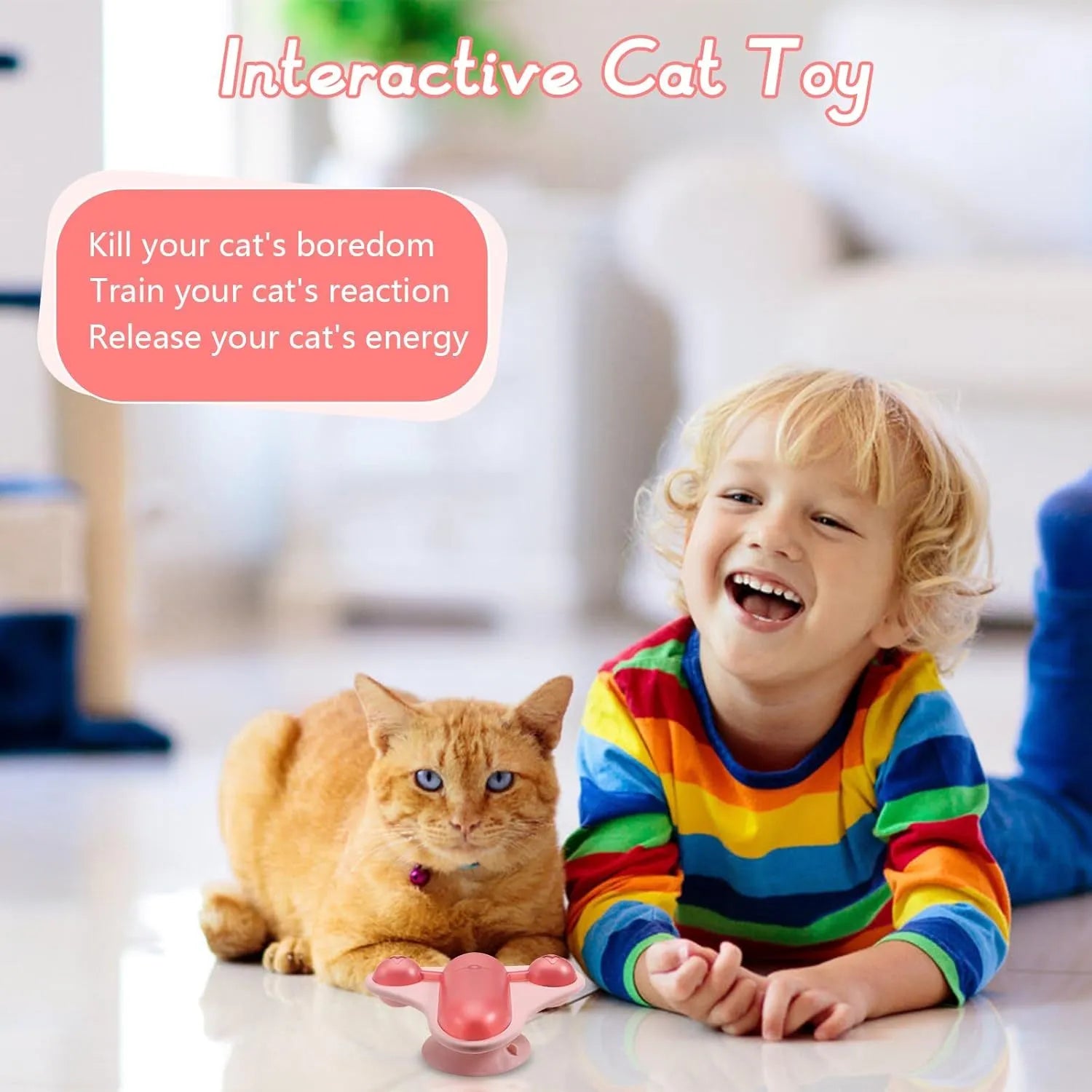 Blue interactive pet puzzle feeder toy with bell, catnip, and suction cup base on a floor.