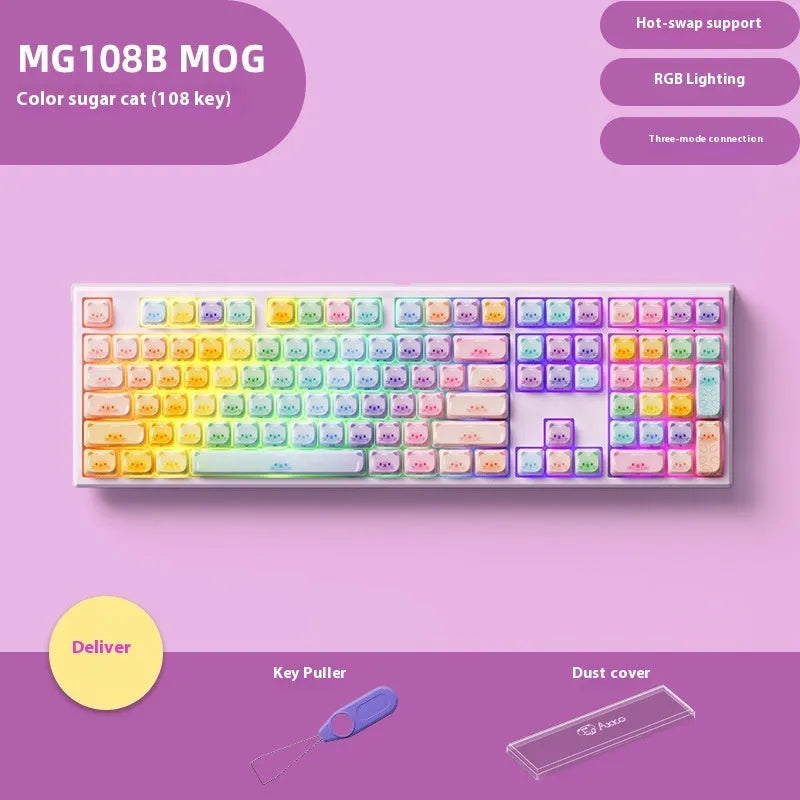 MG108B Colour Candy Cat theme Bluetooth mechanical keyboard with colourful pattern and 108 keys.