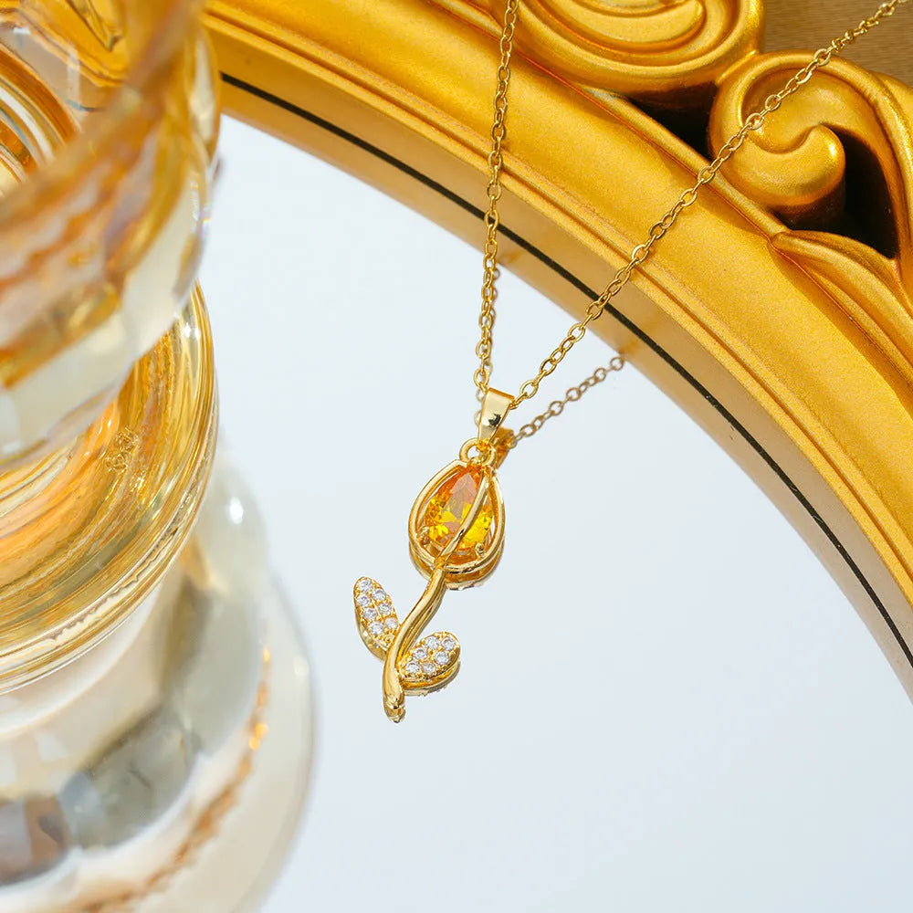 Zircon tulip necklace for women with electroplated C383 gold finish and adjustable titanium steel chain