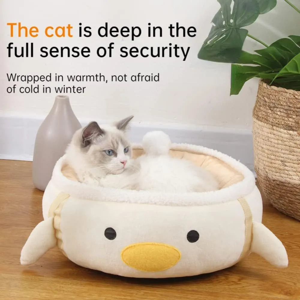 Green dinosaur and chick-shaped cat bed shown both flat as a sofa and hanging as a hammock for small pets.