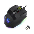 Redragon M801P black gaming mouse showing dual mode connectivity and nine programmable buttons