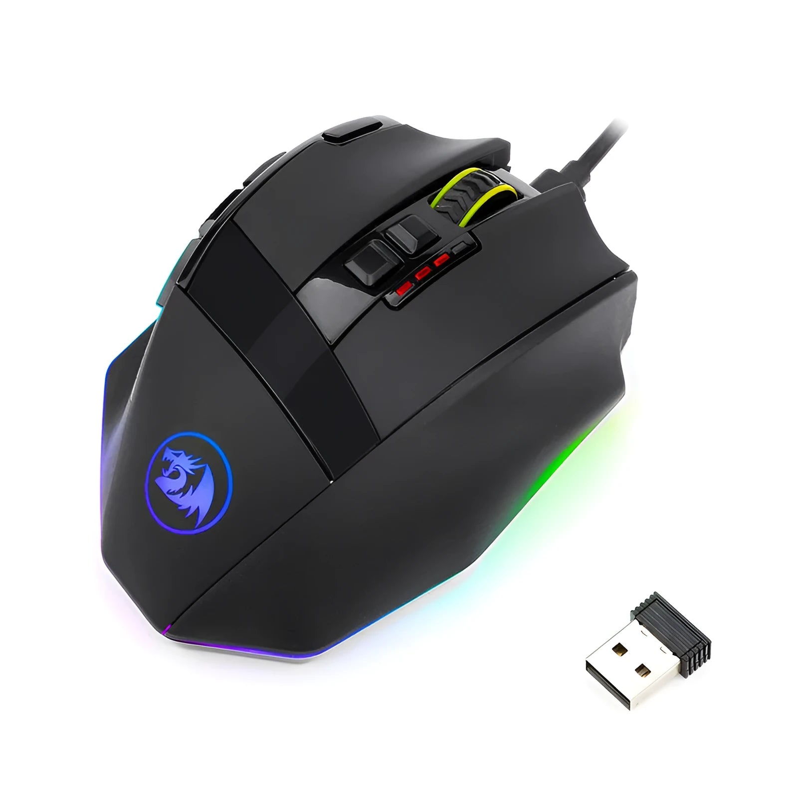 Redragon M801P black gaming mouse showing dual mode connectivity and nine programmable buttons