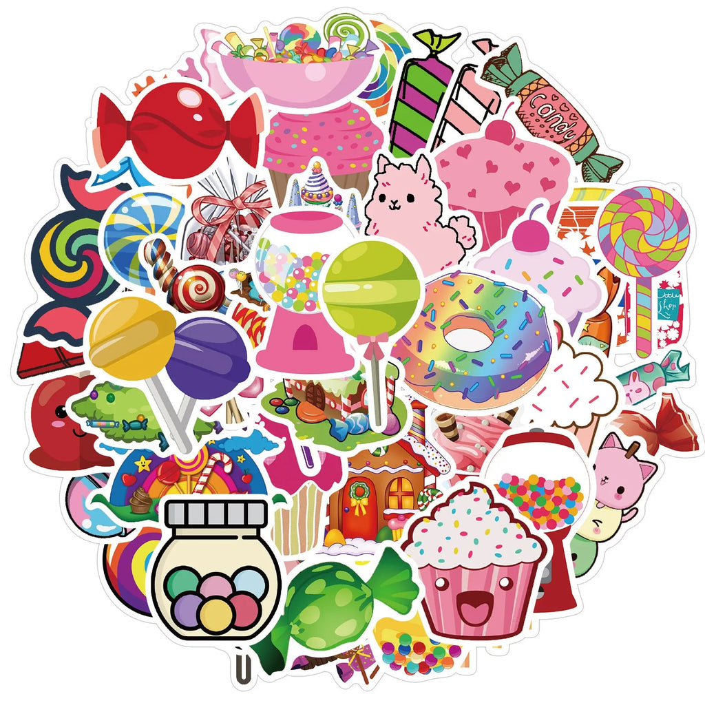 Pack of 50 colourful candy theme graffiti stickers, each measuring 4-6cm.