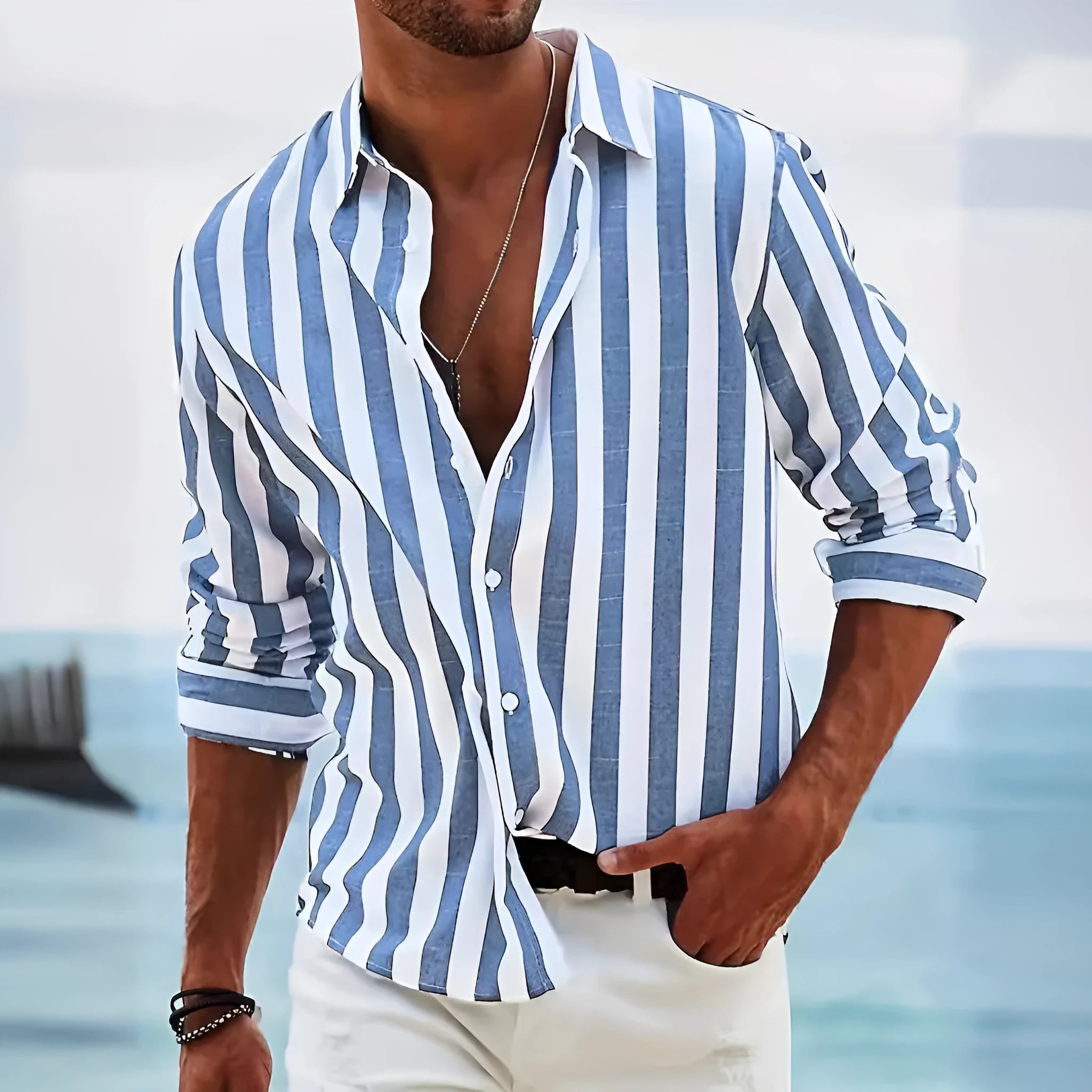 Men's yarn-dyed striped casual shirt with loose British style cardigan fit in polyester fabric